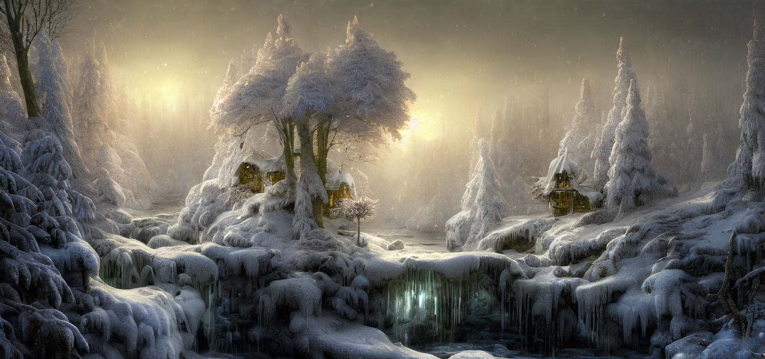 Snow-covered landscape with illuminated trees, cabins, icy surfaces, and warm glowing light.