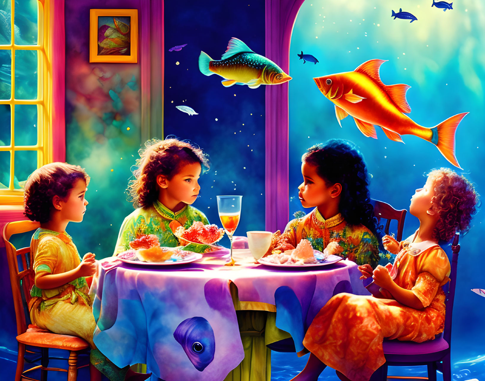 Children dining underwater surrounded by vibrant fish and colorful coral