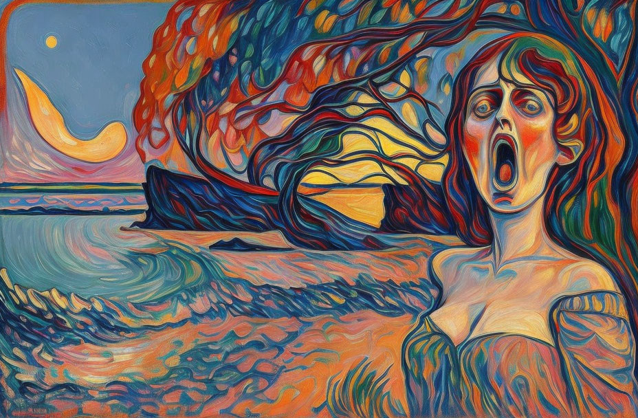 Expressionist Painting: Figure with agape mouth in vibrant, swirling backdrop