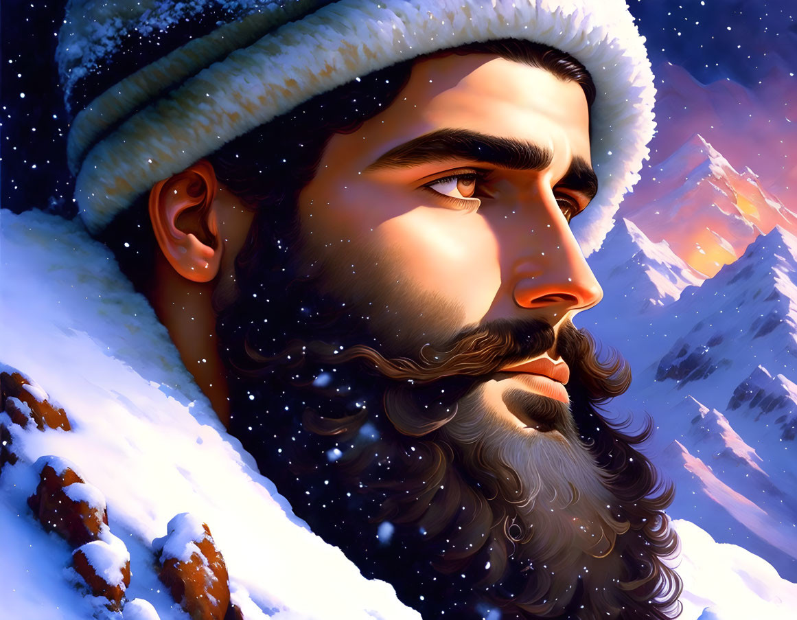 Bearded man in hat against snowy mountain at sunset or sunrise