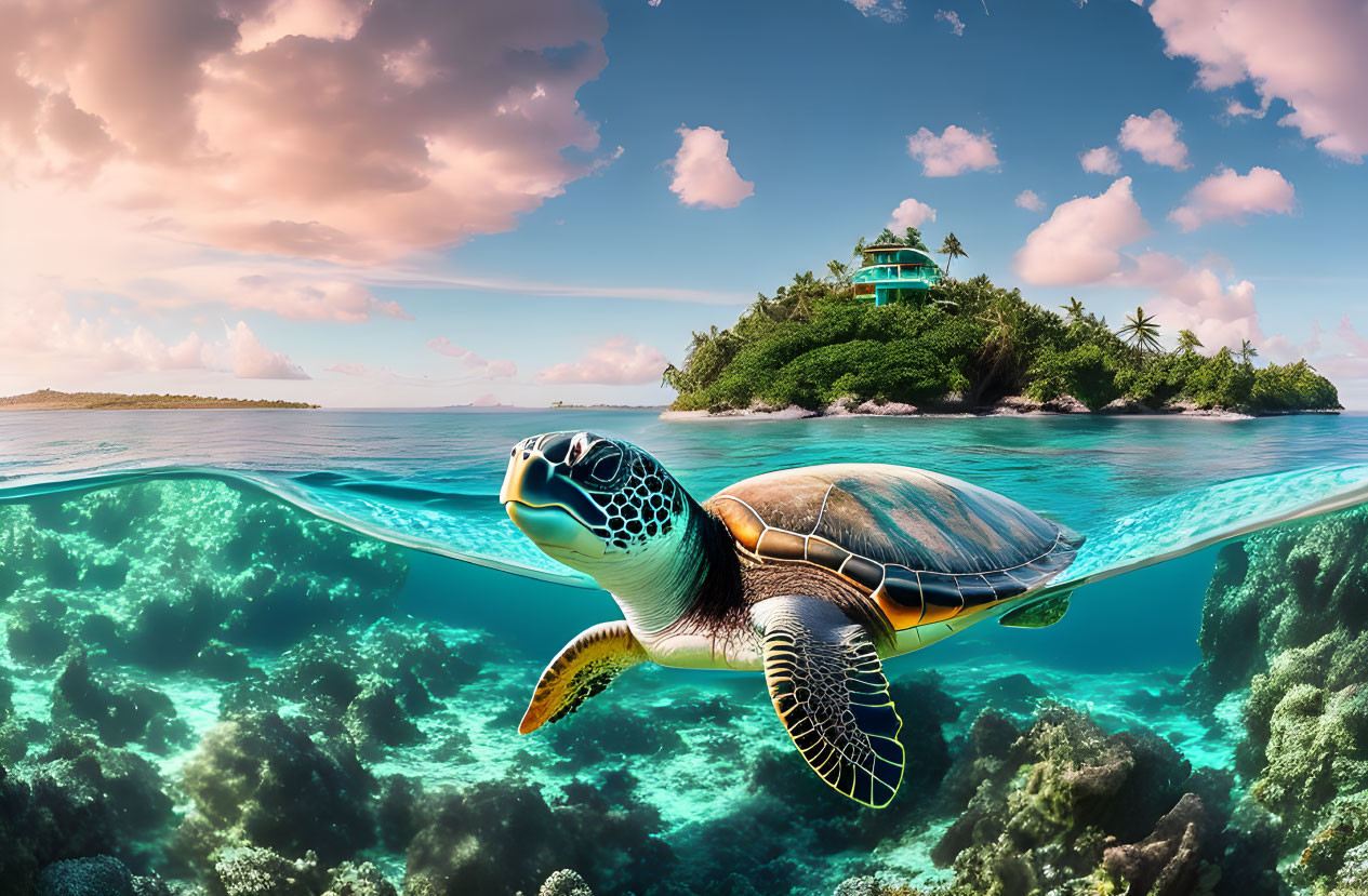 Sea Turtle Swimming with Tropical Island Background