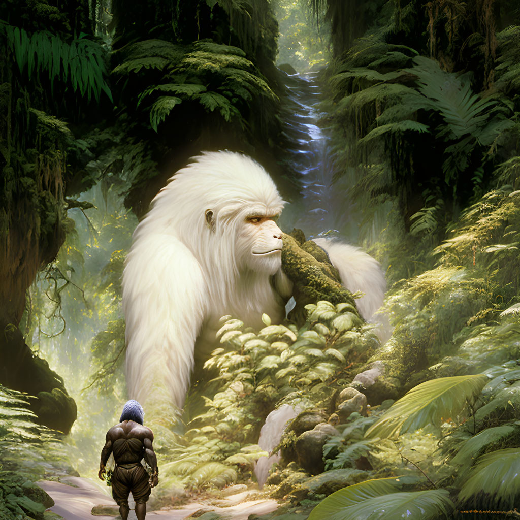 Encounter with giant ape-like creature in lush forest