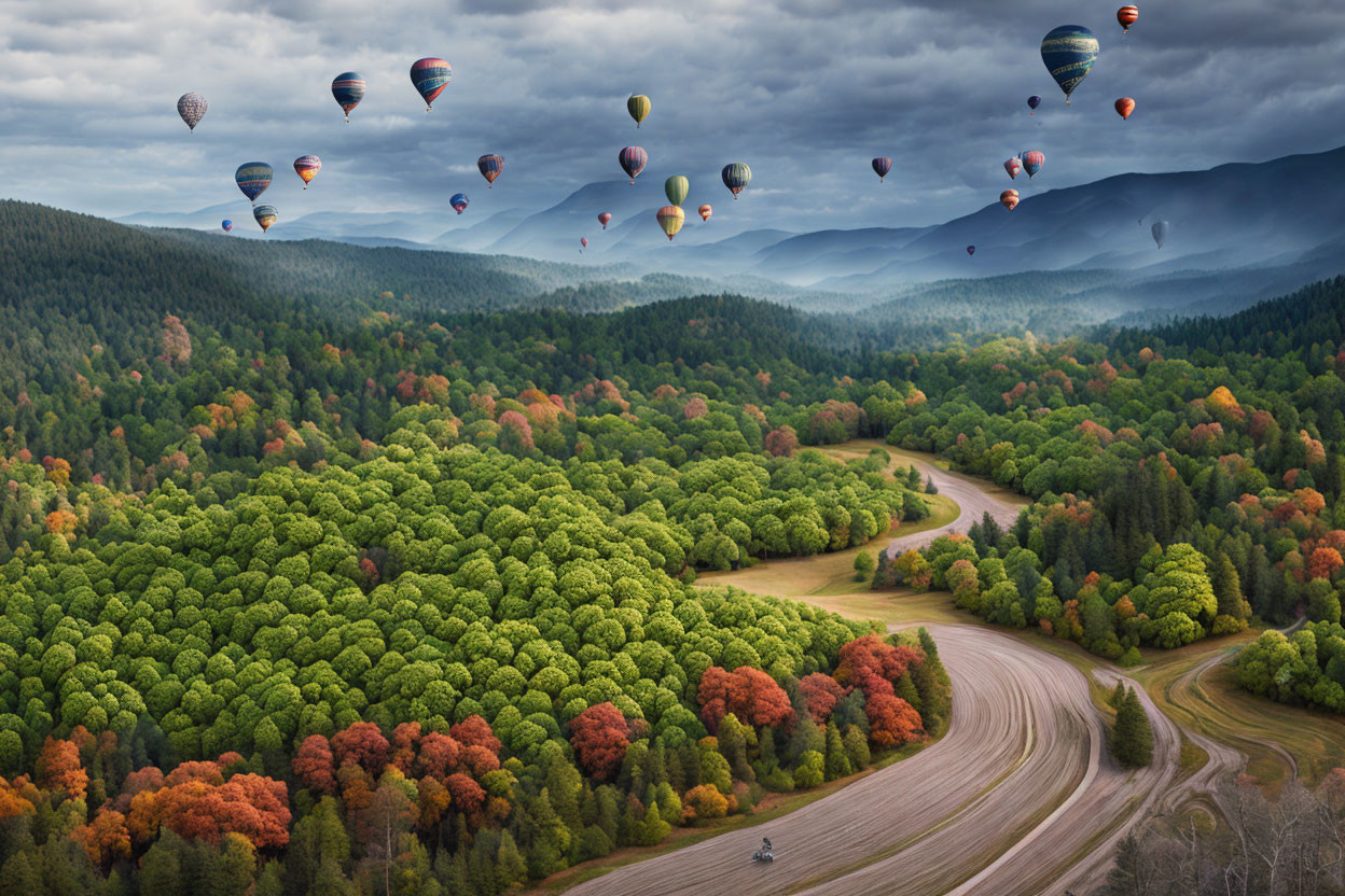 Autumnal forest with hot air balloons above winding road