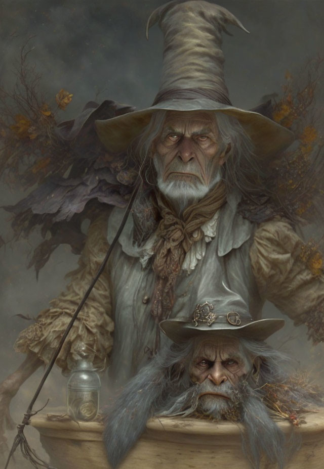 Fantasy illustration of two stern wizards with elaborate hats in misty autumn setting