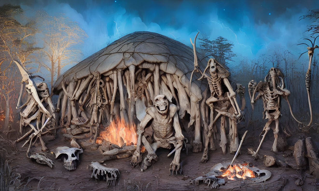 Animated skeletons dancing outside thatched hut at night with starry sky and skeletal remains