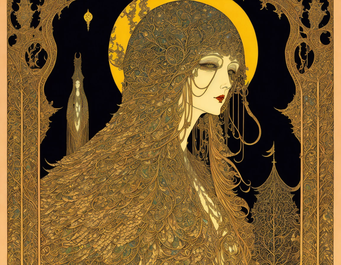 Art Nouveau style illustration of elegant woman with golden hair and peacock motifs