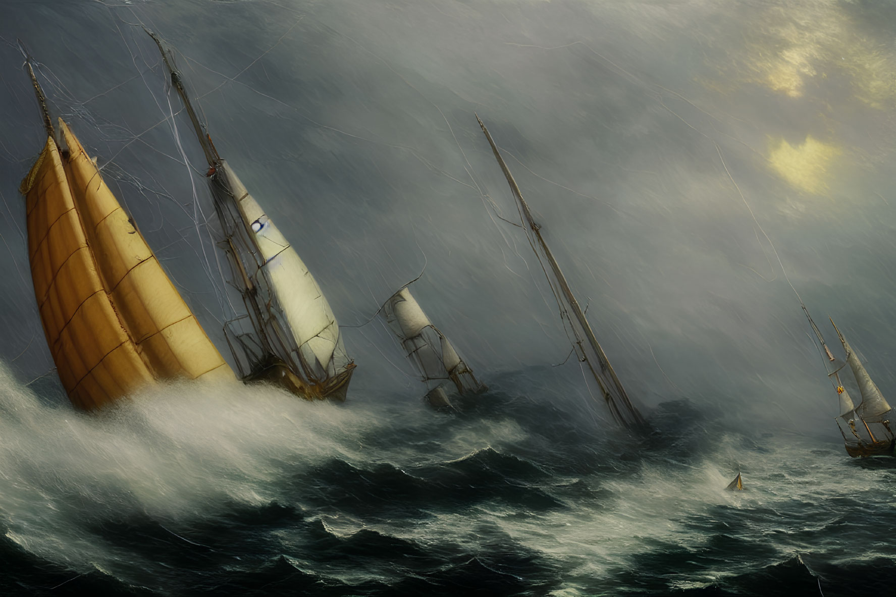 Stormy seas with sailing ships and billowing sails under sun rays