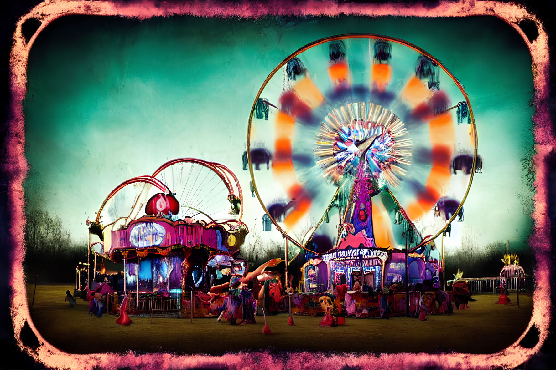 Vintage-style photo of carnival scene with spinning Ferris wheel & colorful rides at twilight