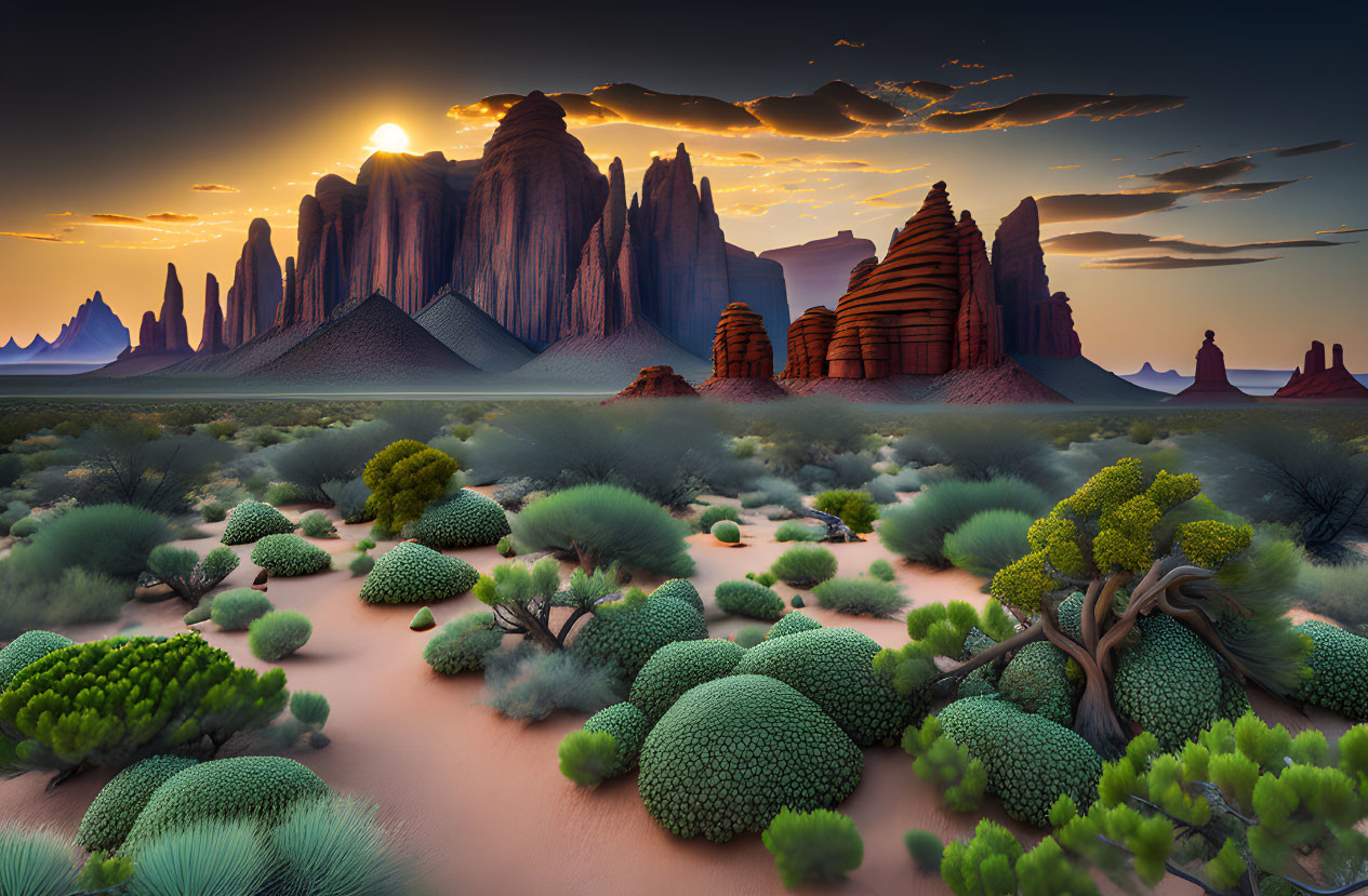 Scenic desert landscape with green shrubs and red rock formations at sunset