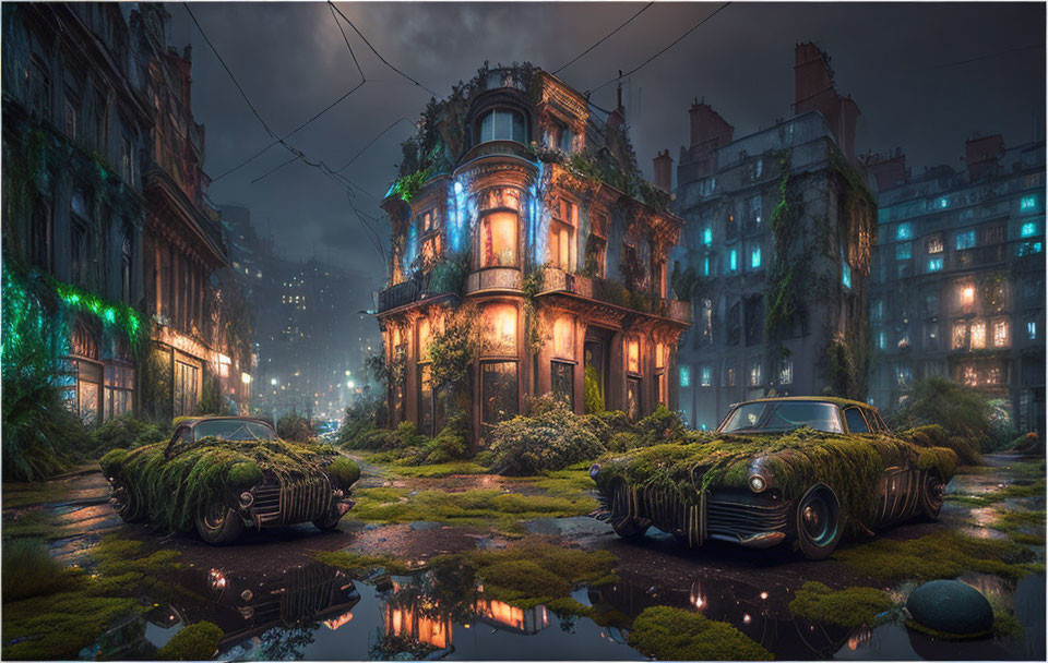 Eerie post-apocalyptic city street with overgrown buildings and vintage cars