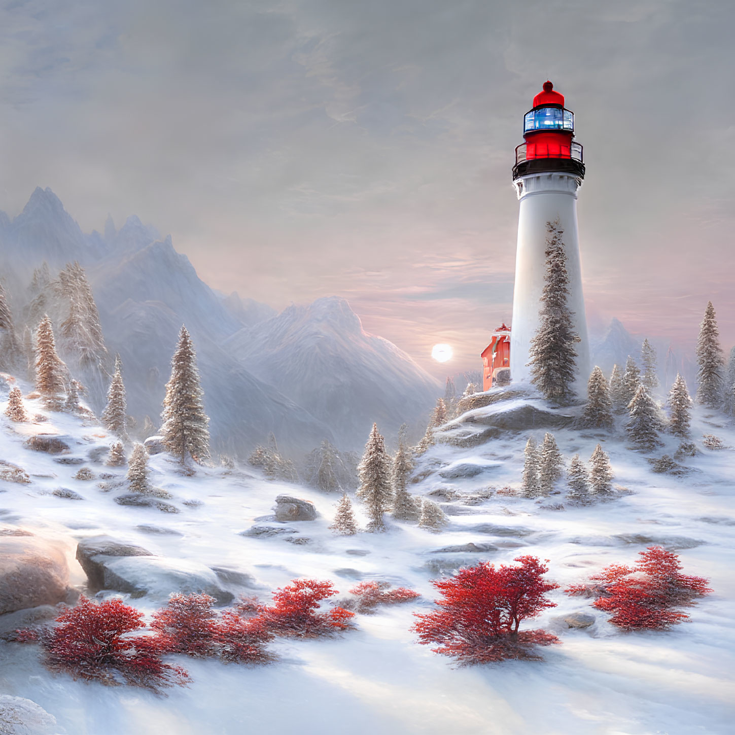 Snowy Winter Landscape: White Lighthouse, Red Accents, Snow-Covered Trees