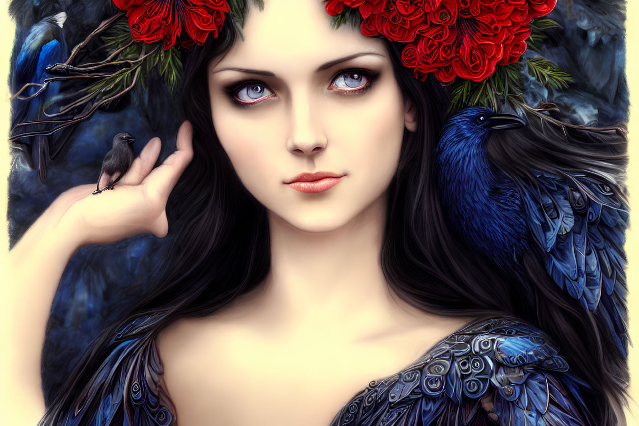 Pale-skinned woman with blue eyes in red floral crown holding a black bird and wearing bird feather sh