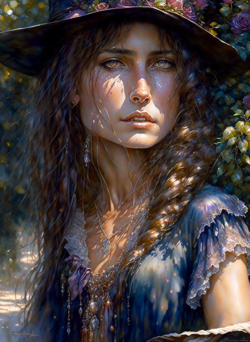 Detailed digital painting of a woman with sunlit brown hair, intense gaze, floral hat, earrings,