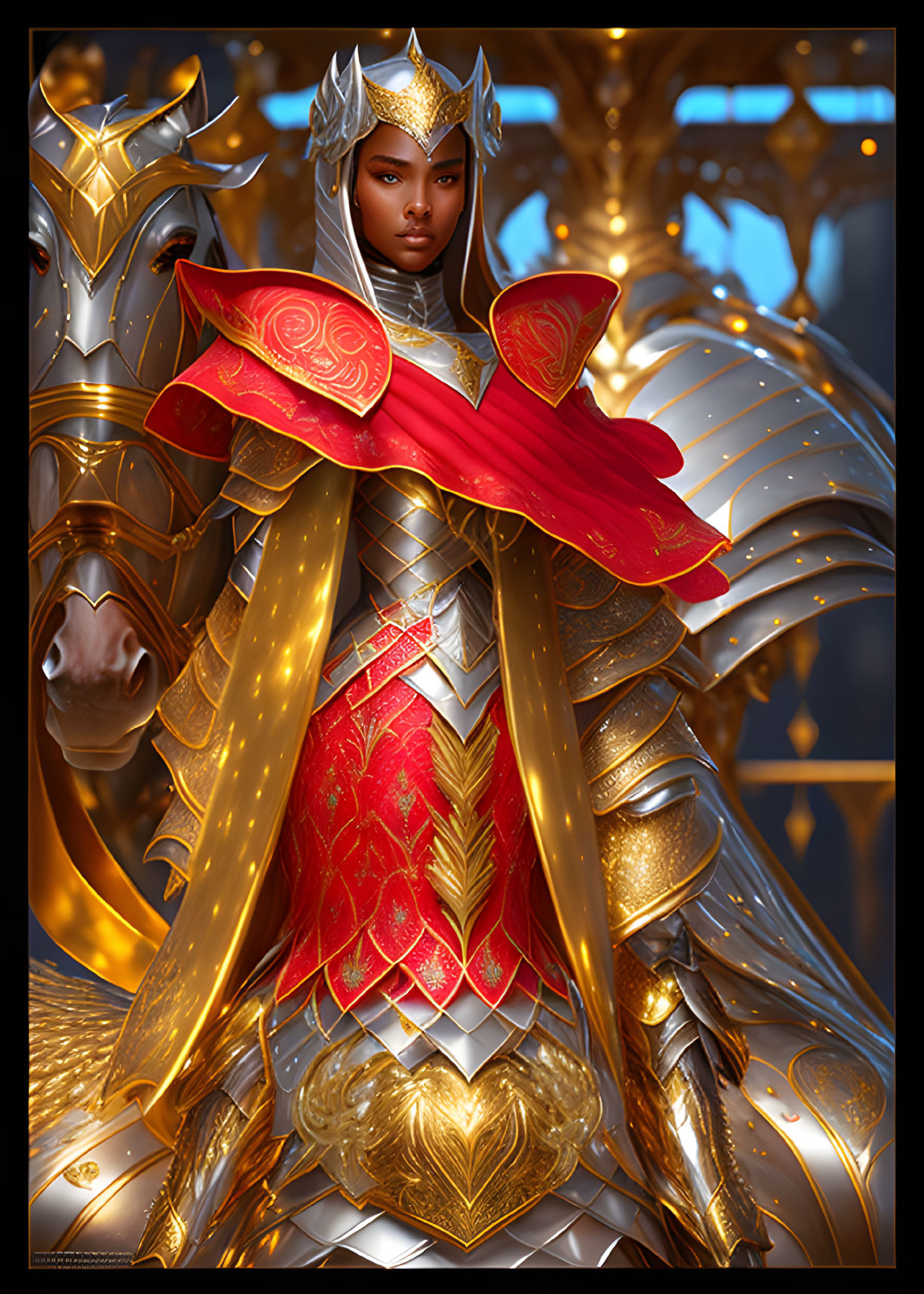 Regal figure in golden armor with red accents and crown.