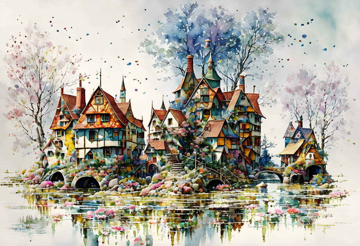 Whimsical watercolor painting of fairy-tale village and river