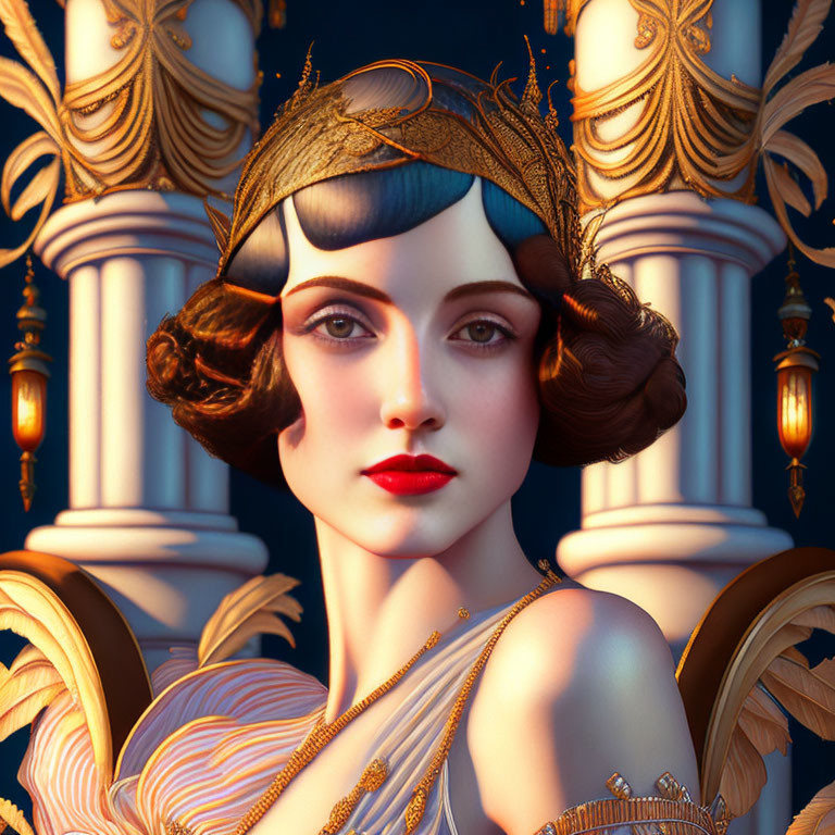 1920s inspired woman in flapper attire with ornate columns background