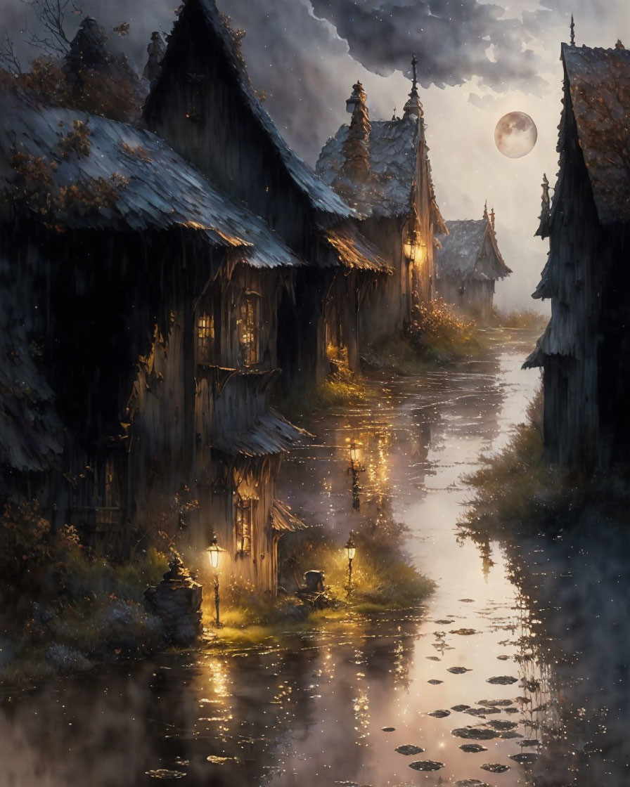 Moonlit Waterway: Thatched Roof Cottages, Golden Lights, Mist, Serene Atmos