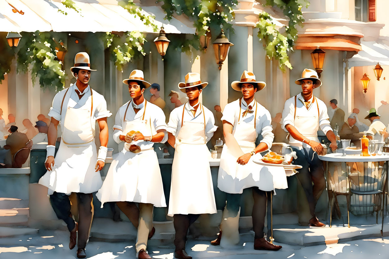 Five restaurant waitstaff in white uniforms and straw hats on sunny patio