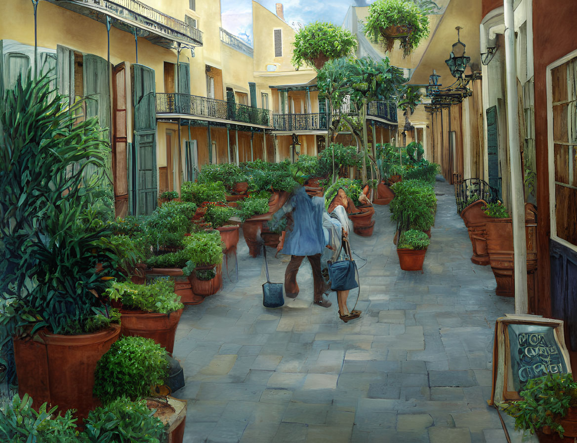 European Street Scene with Potted Plants, Sweeping Man, and Cobblestone Walkway