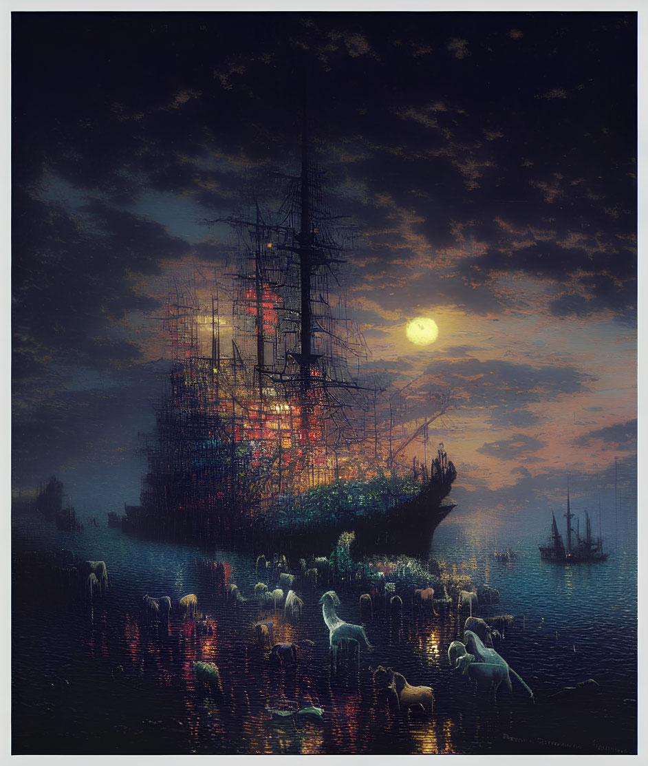 Mystical Nocturnal Seascape with Ghostly Figures and Tall Ship