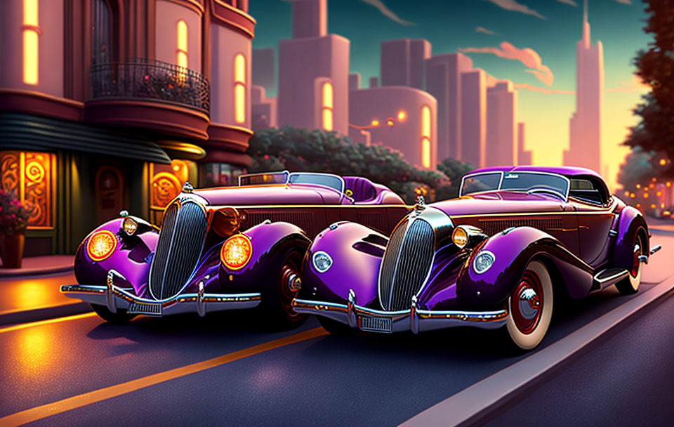 Vintage Purple Cars Parked on City Street at Sunset with Illuminated Buildings