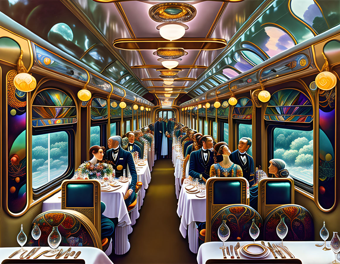 Luxurious Dining Car on Train with Formal Attire Passengers & Ornate Interior