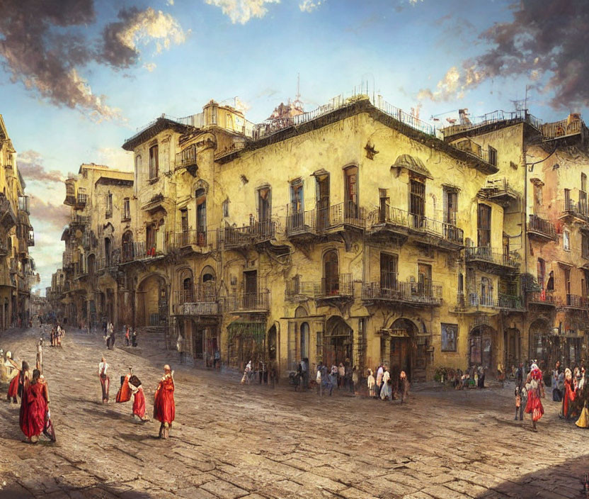 Historical square with traditional dress, cobblestone streets, aged buildings