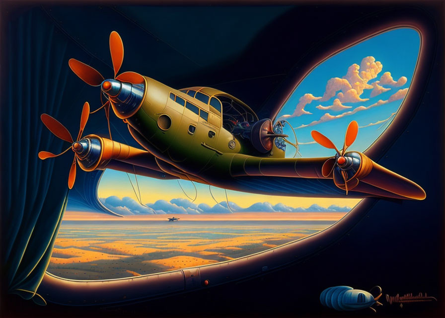 Stylized retro-futuristic aircraft with orange propellers flying over scenic sunset landscape