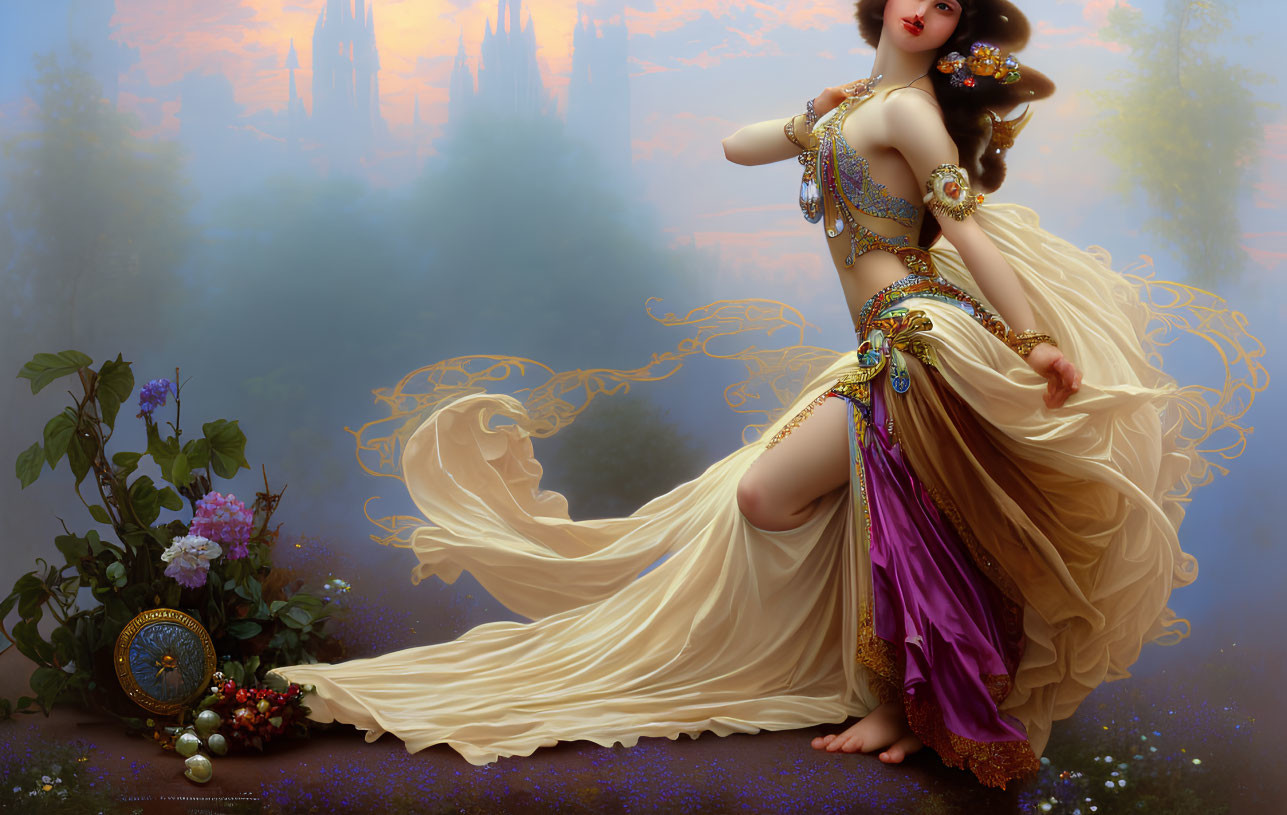 Ethereal woman in golden and purple attire in misty landscape with shield