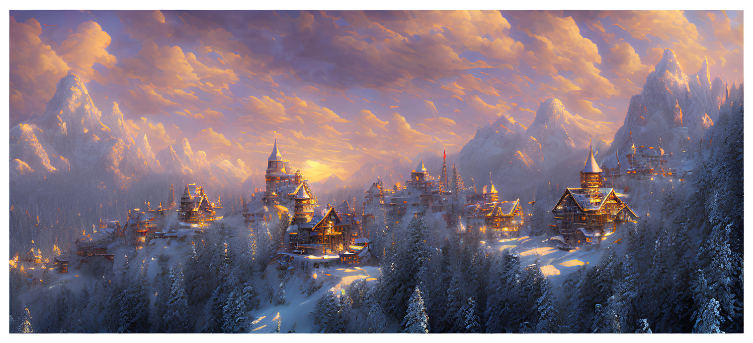 Snow-covered village with illuminated houses in frosty pine trees under dramatic sky at dusk.