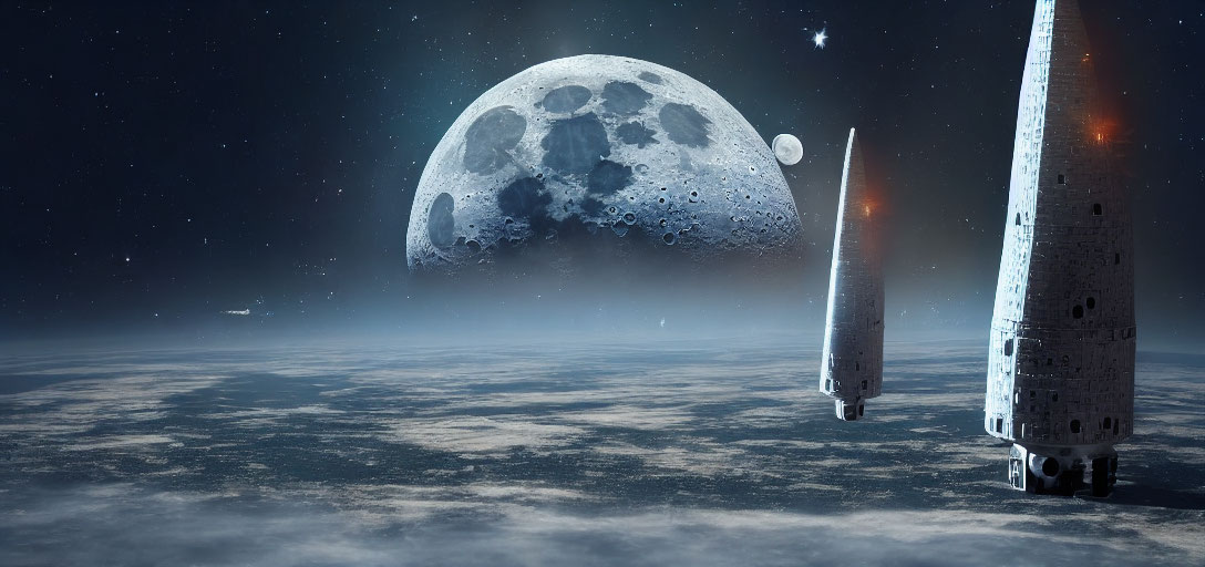 Futuristic spacecrafts landing on alien planet with moon in starry sky