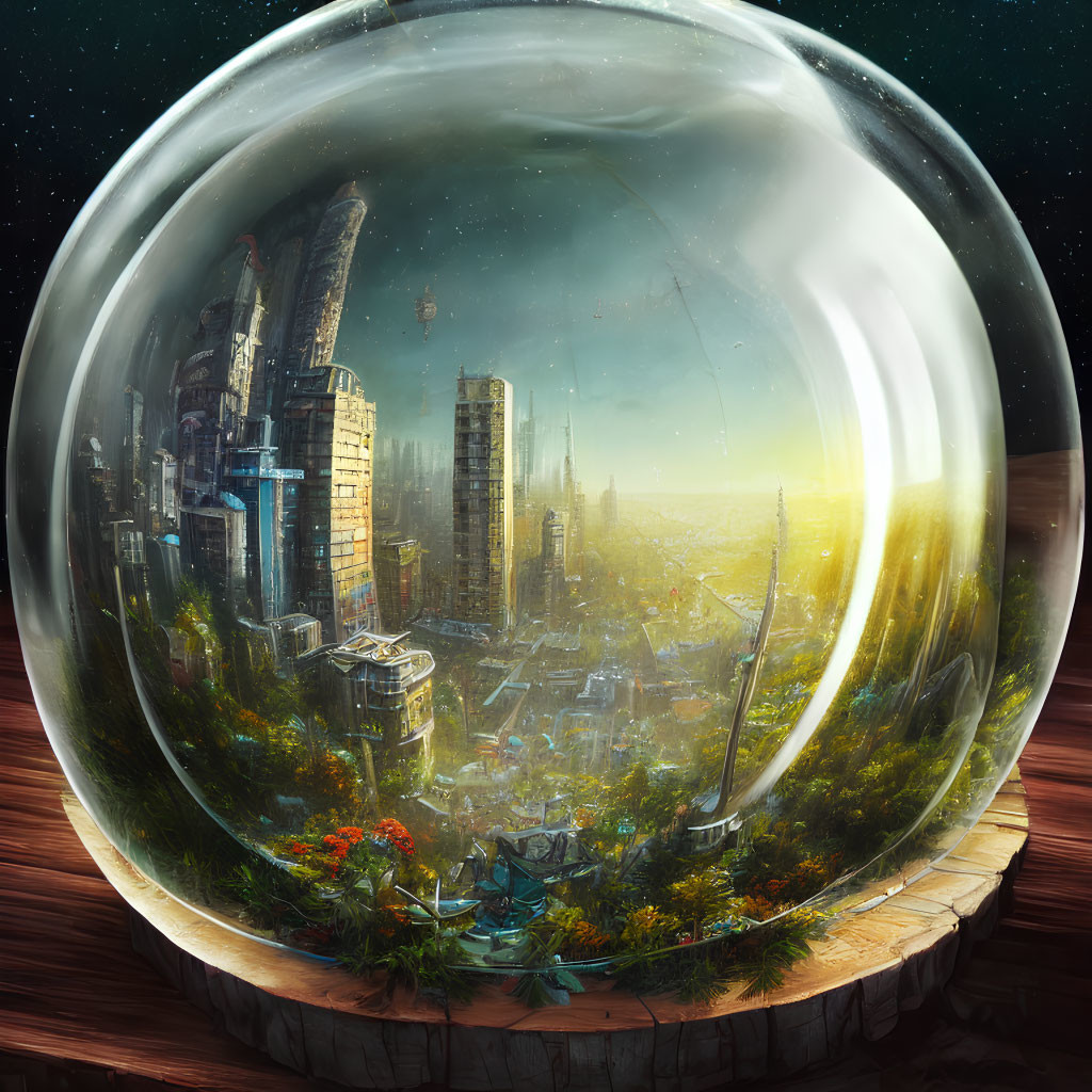 Futuristic city under giant transparent dome with skyscrapers and greenery at sunset