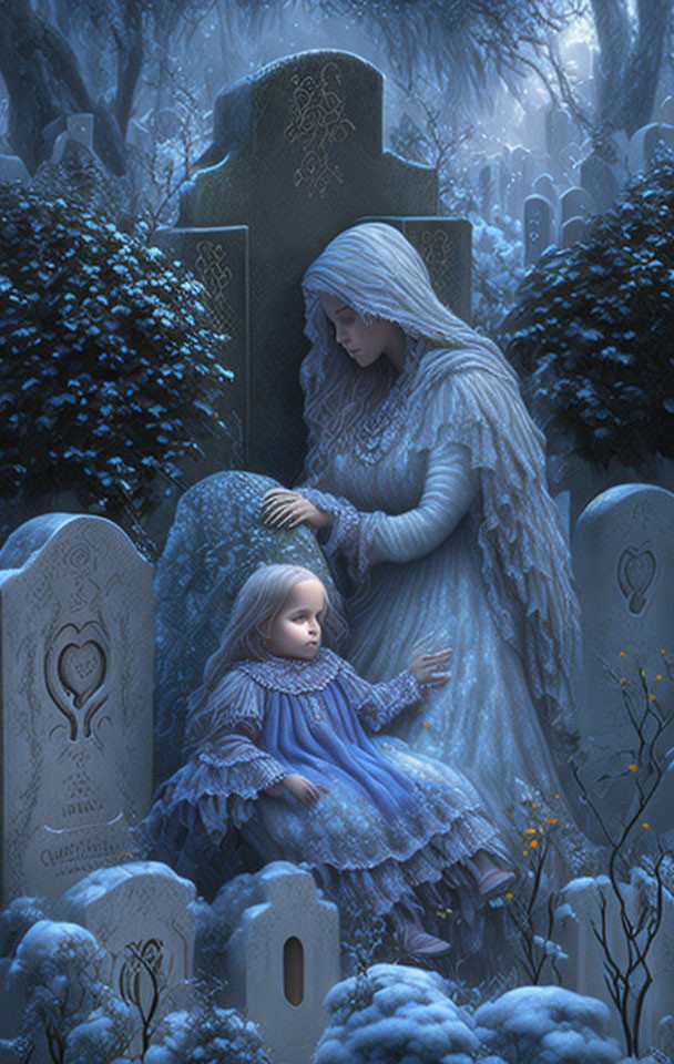 Mourning angel statue in blue-tinted cemetery with young girl - serene and otherworldly