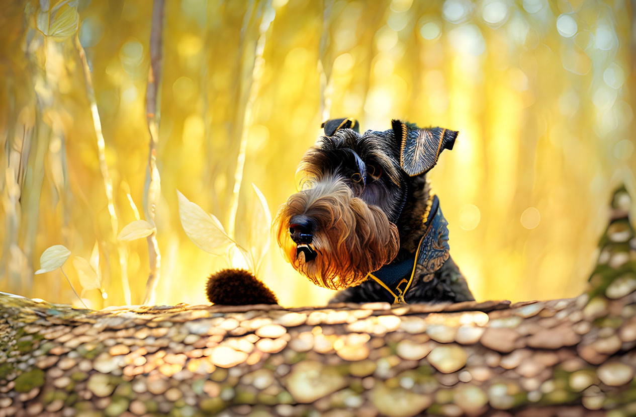 Shaggy black and tan dog with fallen chestnut in autumn setting