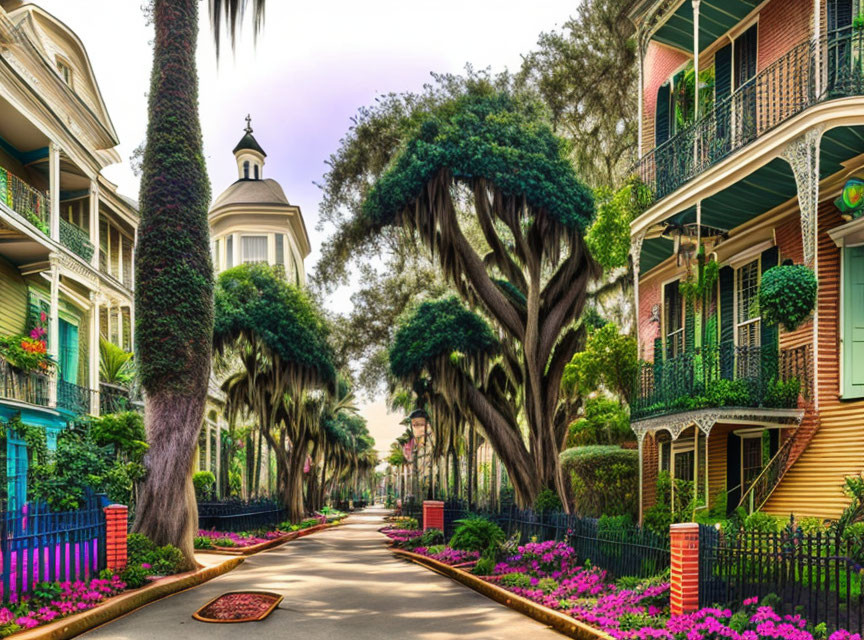 Tranquil street with lush trees, colorful flowers, and elegant buildings under clear sky