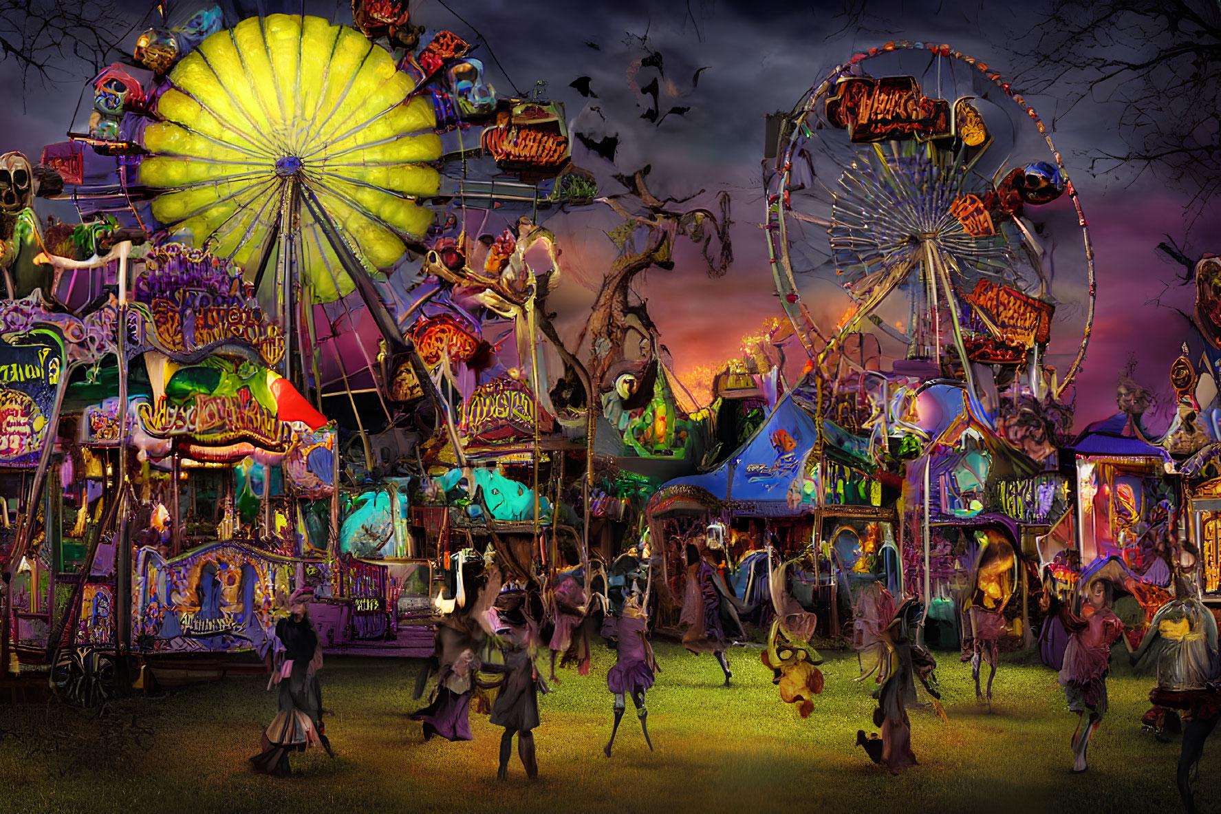 Eerie Halloween-themed funfair at dusk