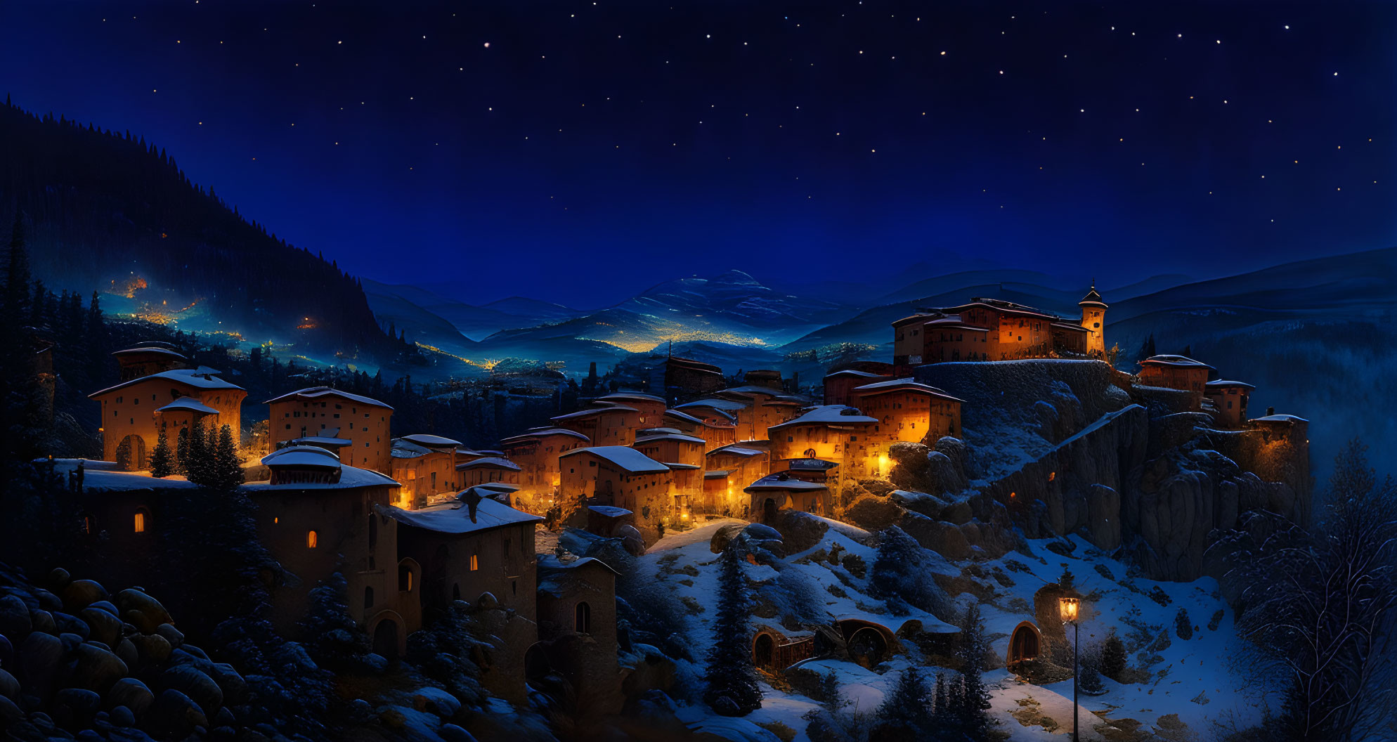 Snowy mountain village at night with starlit sky