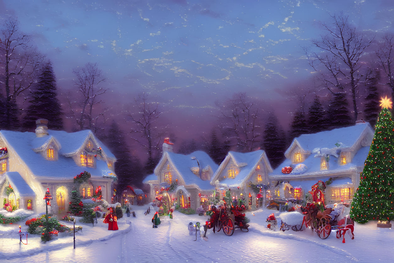 Snow-covered winter village scene with festive decorations, horse-drawn sleigh, and Christmas tree.