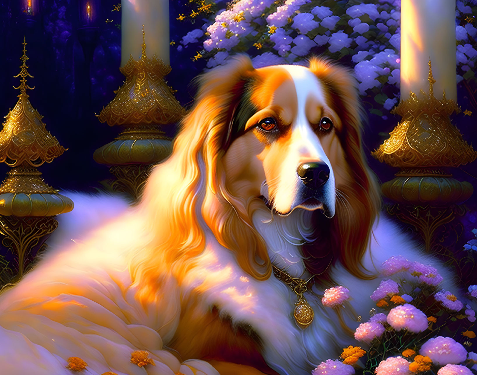 Majestic white and golden fur dog in fantastical landscape with purple flowers and lanterns