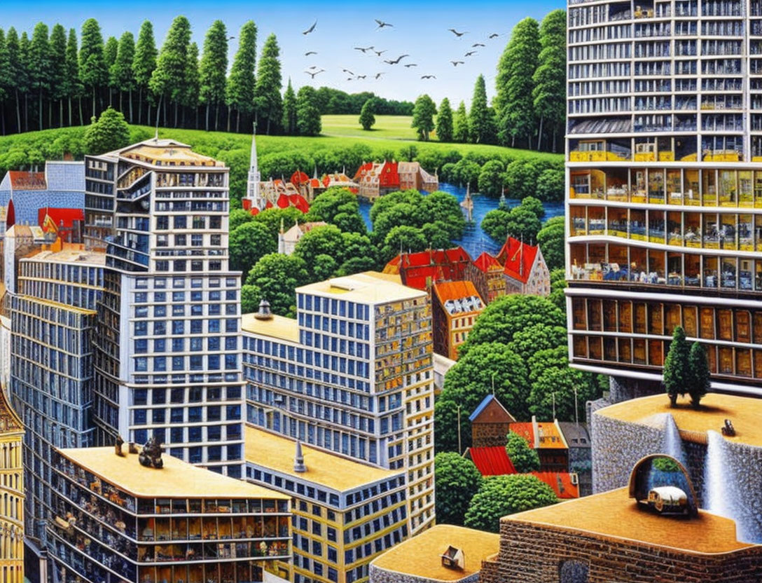 Cityscape and rustic buildings merge in vibrant artwork with modern high-rises and lush greenery under clear