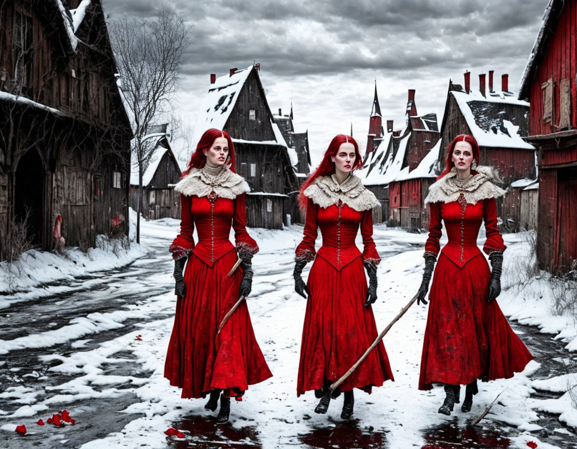 Three women in red dresses and white bonnets on snowy street with red petals.