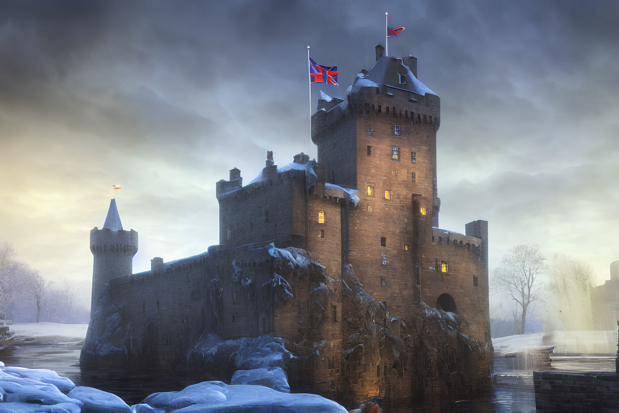 Medieval castle with turrets and flags in winter landscape