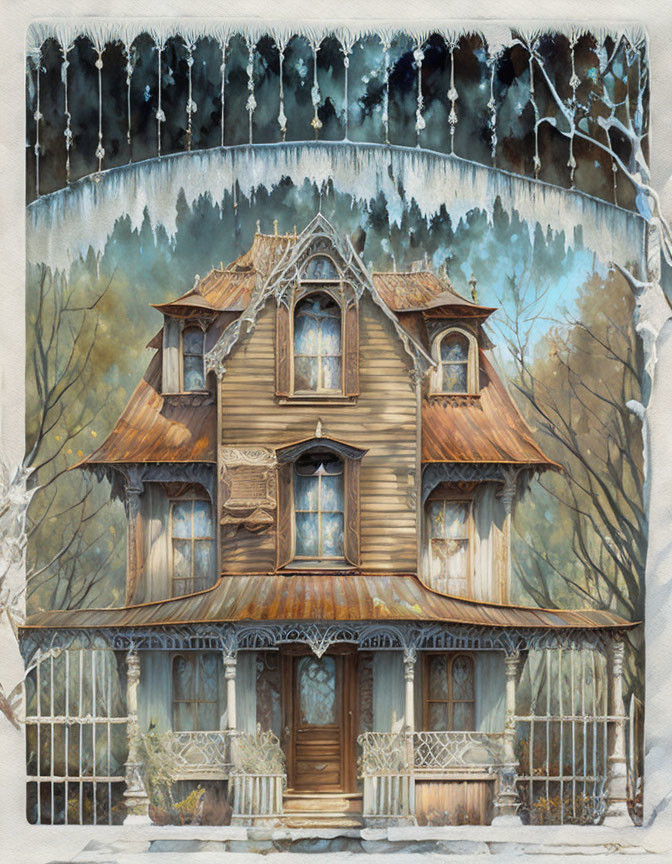 Victorian-style house illustration in winter with snow-covered roof and icicles