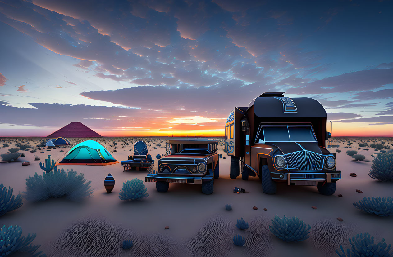 Desert camping scene at dusk with tent, RV, classic car, and accessories