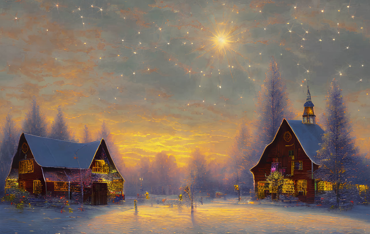 Snowy Winter Village Scene with Cozy Houses and Starry Sky