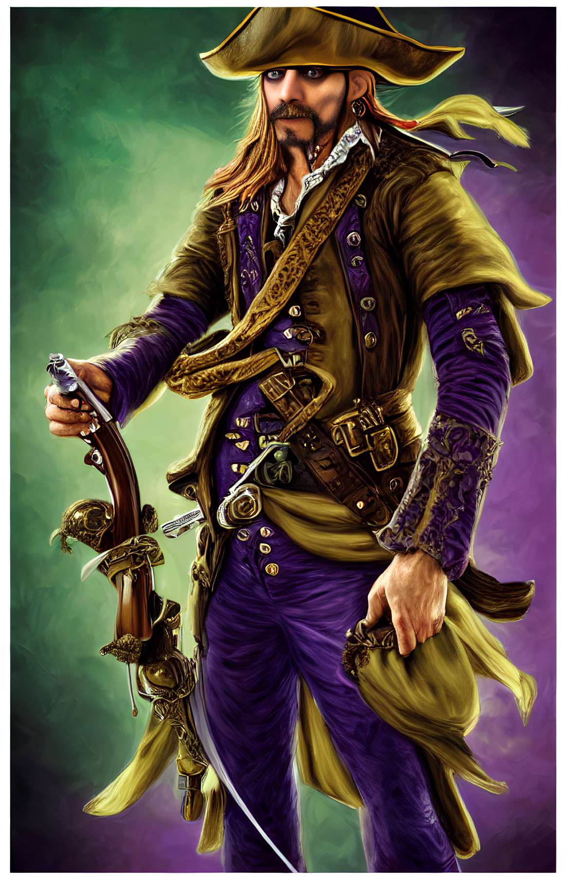 Detailed illustration of swashbuckling pirate with tricorne hat, flintlock pistol,