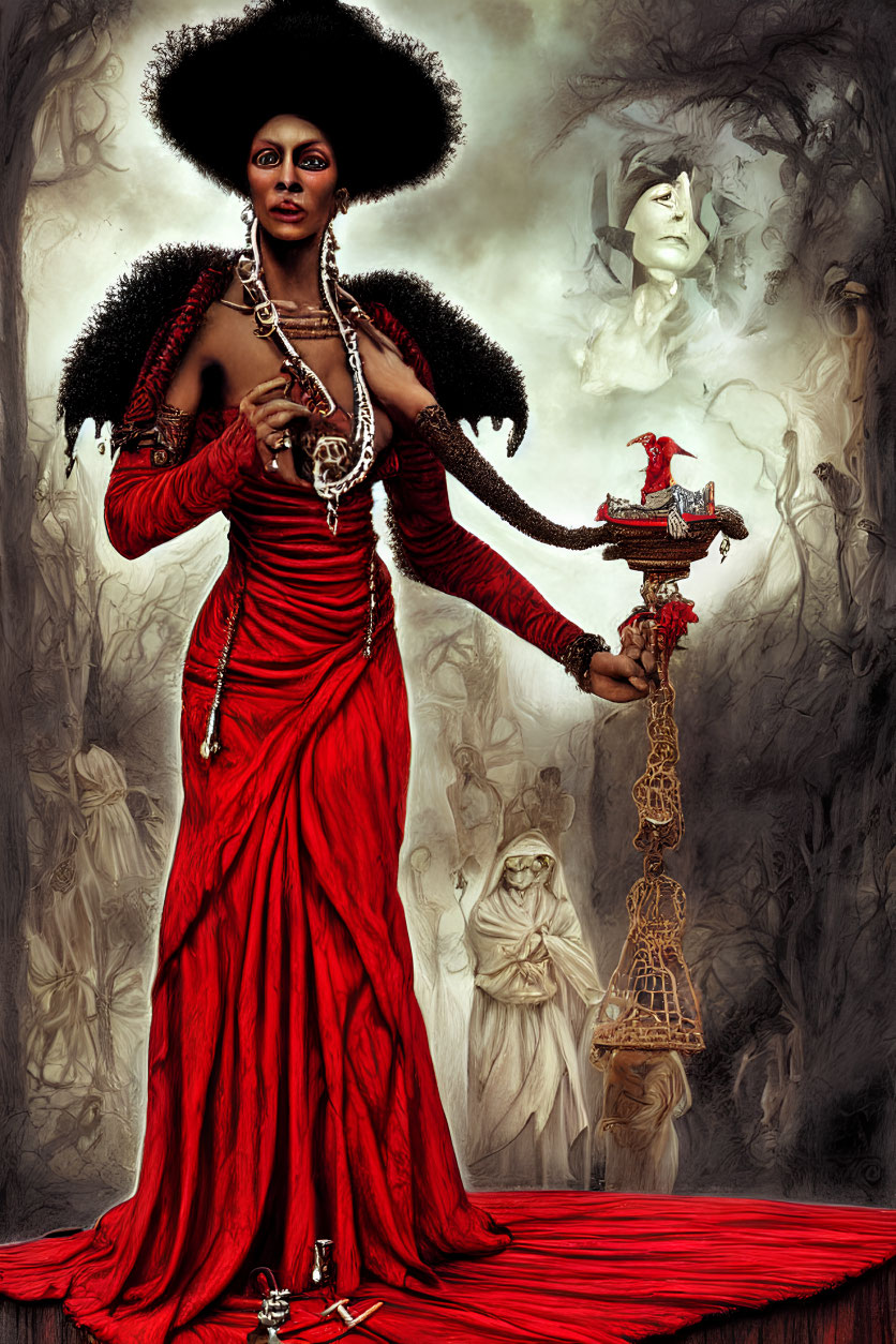 Regal figure in red dress with bird staff in mystical forest.