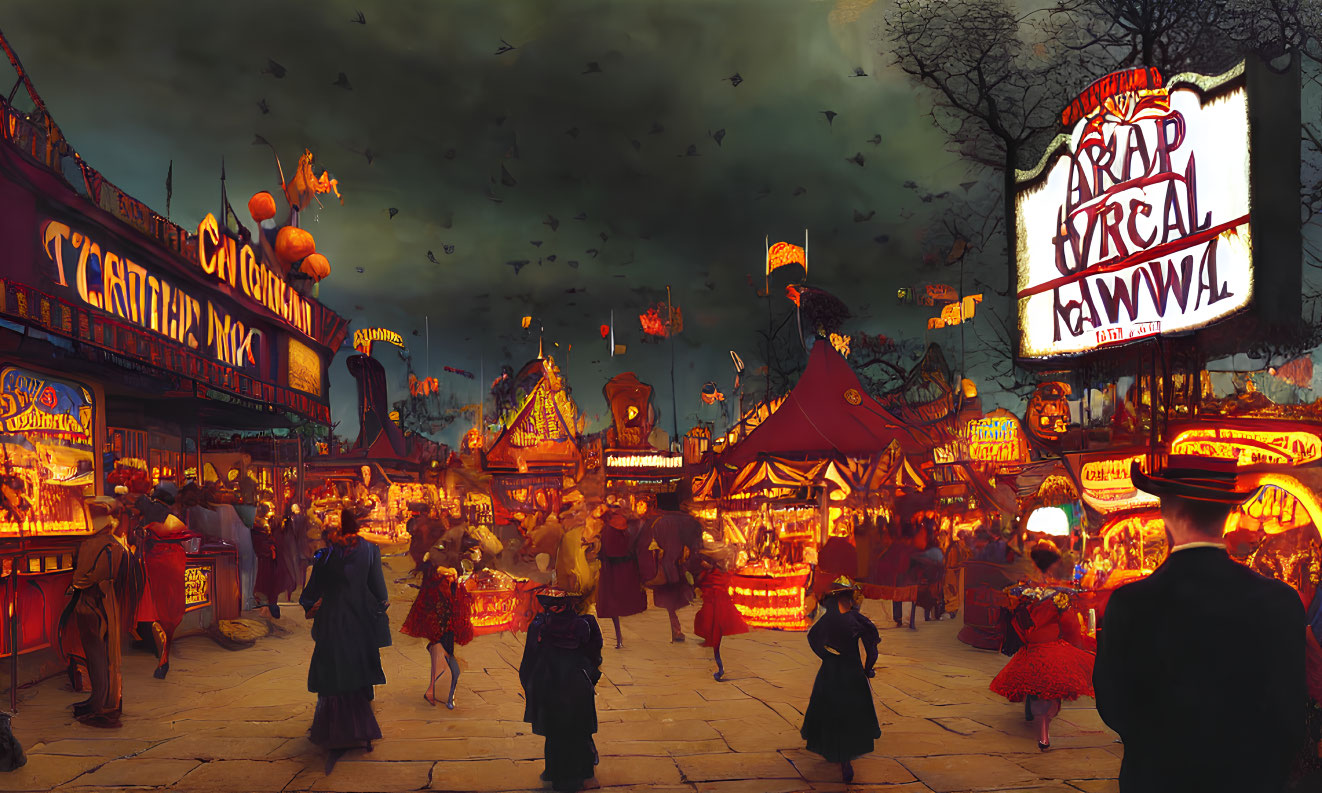 Vintage carnival scene with vibrant lights and dark sky