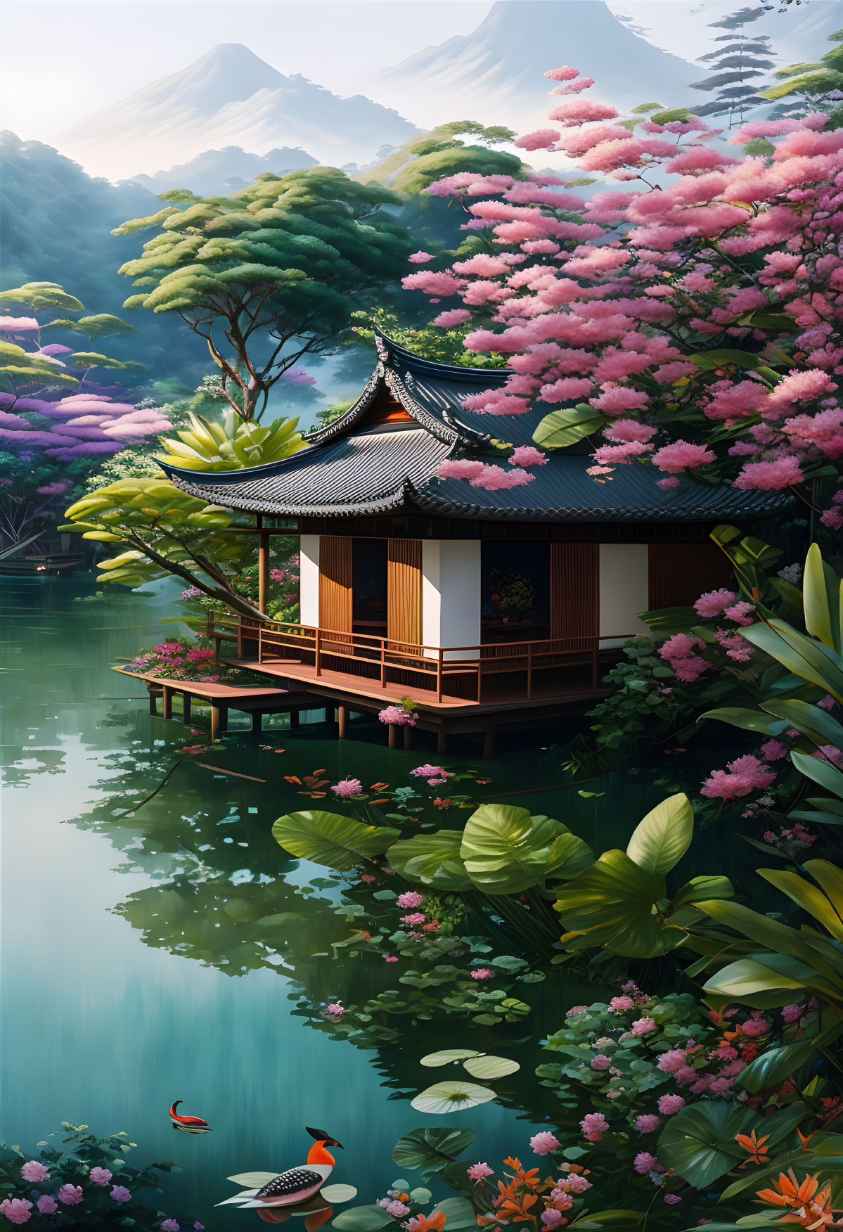 Japanese-style Pavilion by Calm Pond with Cherry Blossoms & Mountains