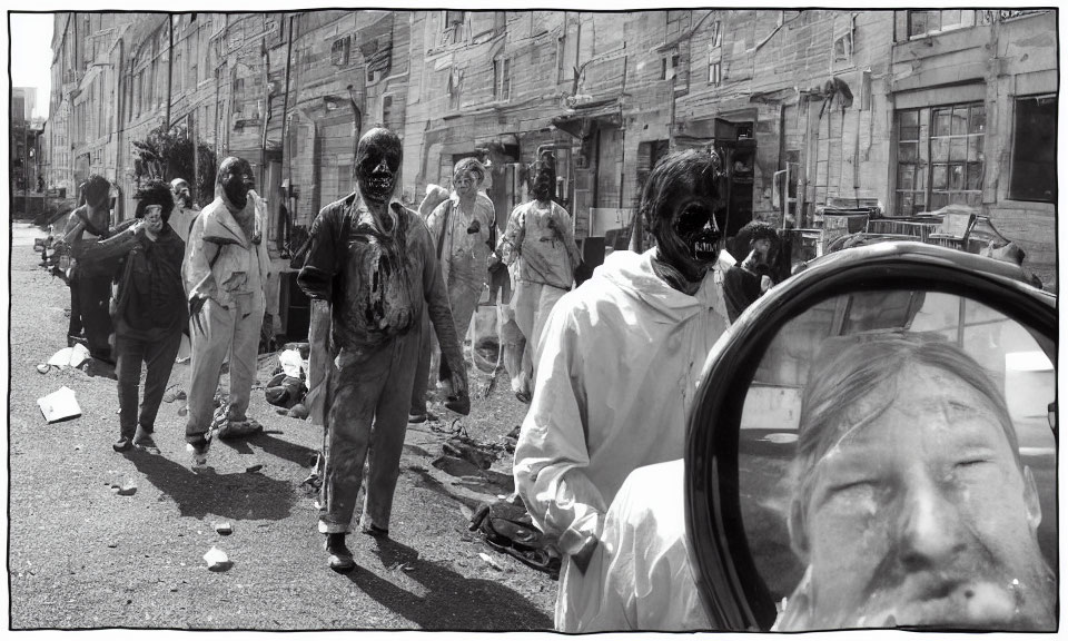 Monochrome image of people in zombie makeup on street with reflection